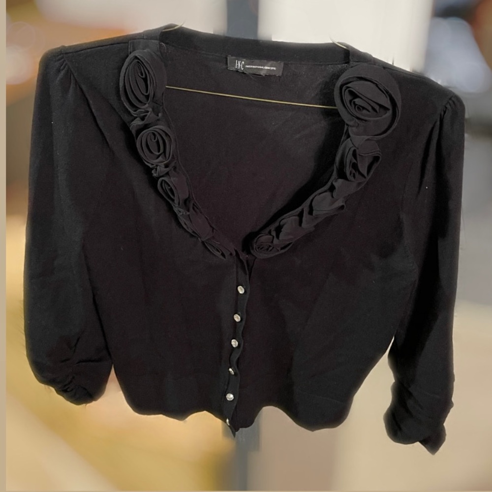 INC Black Cardigan with roses & rhinestone buttons.